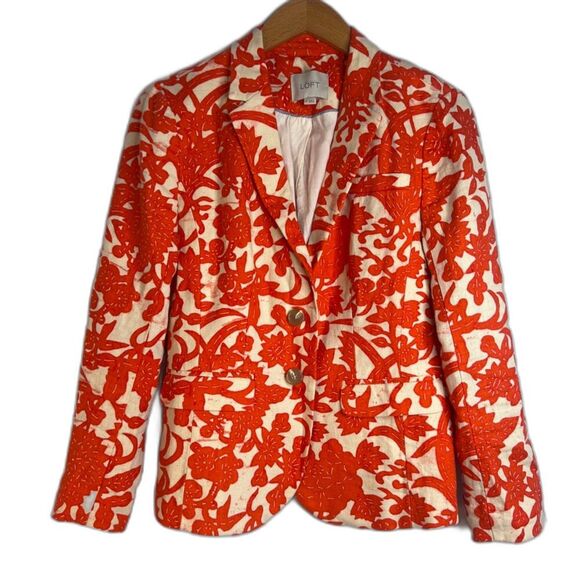 Ann Taylor Loft 100% Linen Orange Floral Single Breasted 2 Button Blazer Size 0 - Picture 1 of 10